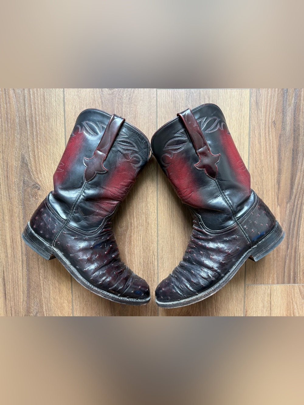 Lucchese Exotic Vintage Roper 1999 Black Cherry Brush Off Pin Ostrich Boots 7D